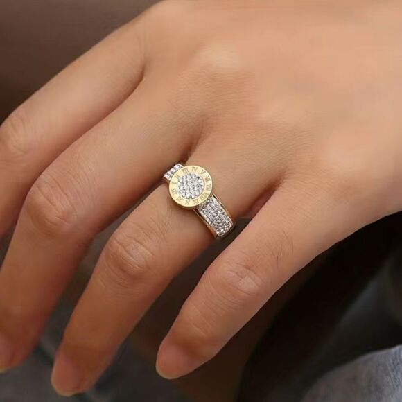 Stainless Steel 14K Gold Plated Numerals Inlaid Lab Diamond Luxury Ring Size 7 - Picture 3 of 15